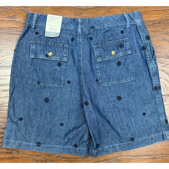 NEW Style & Co Womens 10P Blue Denim Bermuda Shorts Black Embroidered Floral - Picture 3 of 10